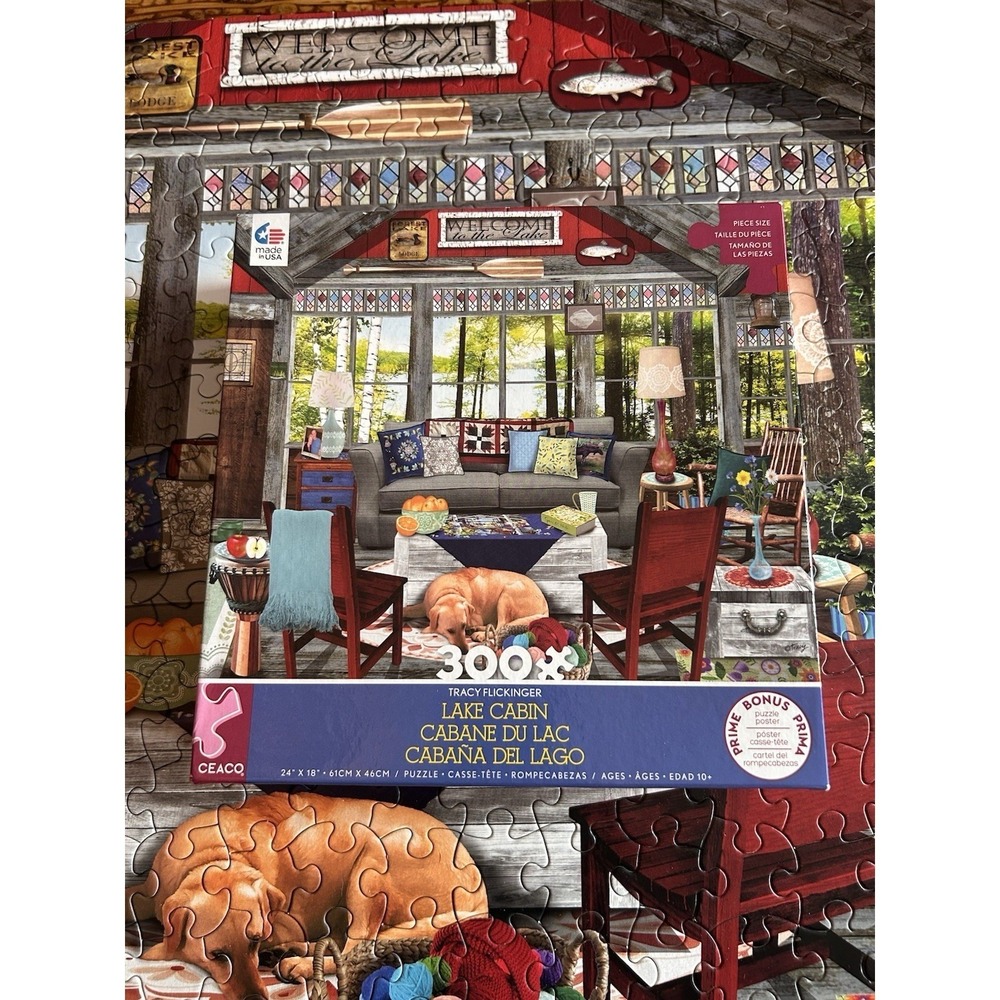 Ceaco Lake Cabin 300-Piece Puzzle by Tracy Flickinger Complete Dog Cozy Vacation